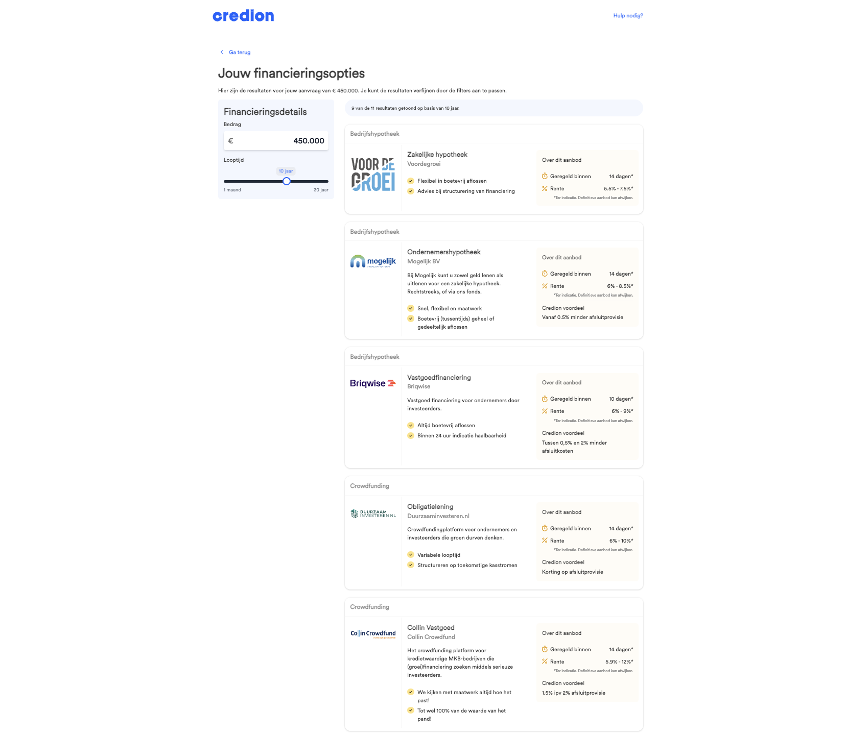 Bekijk je resultaten - online zakelijke hypotheek berekenen